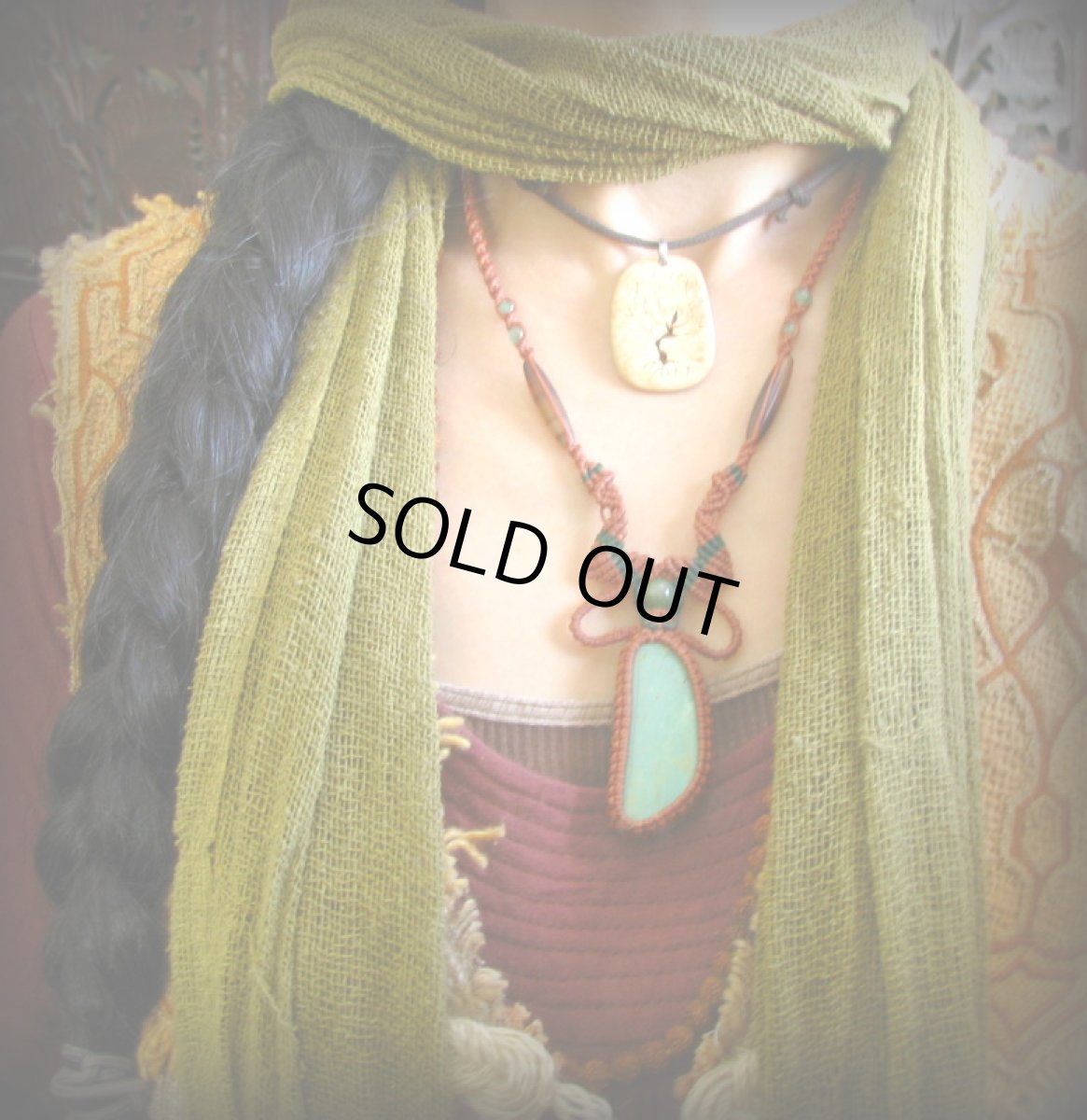 画像2: 大きなキングマンターコイズ&翡翠&アゲートのマクラメ編みネックレス*ボヘミアン*トラベラー (2)