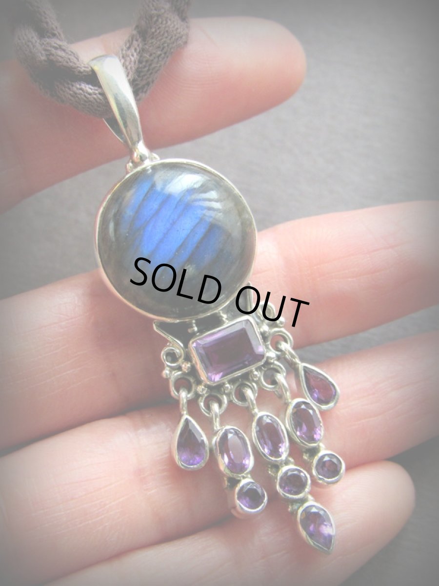 画像6: 1点物★高品質まんまる満月型ラブラドライト＆きらきらアメジスト★ペンダントトップ★スターリングシルバー (6)