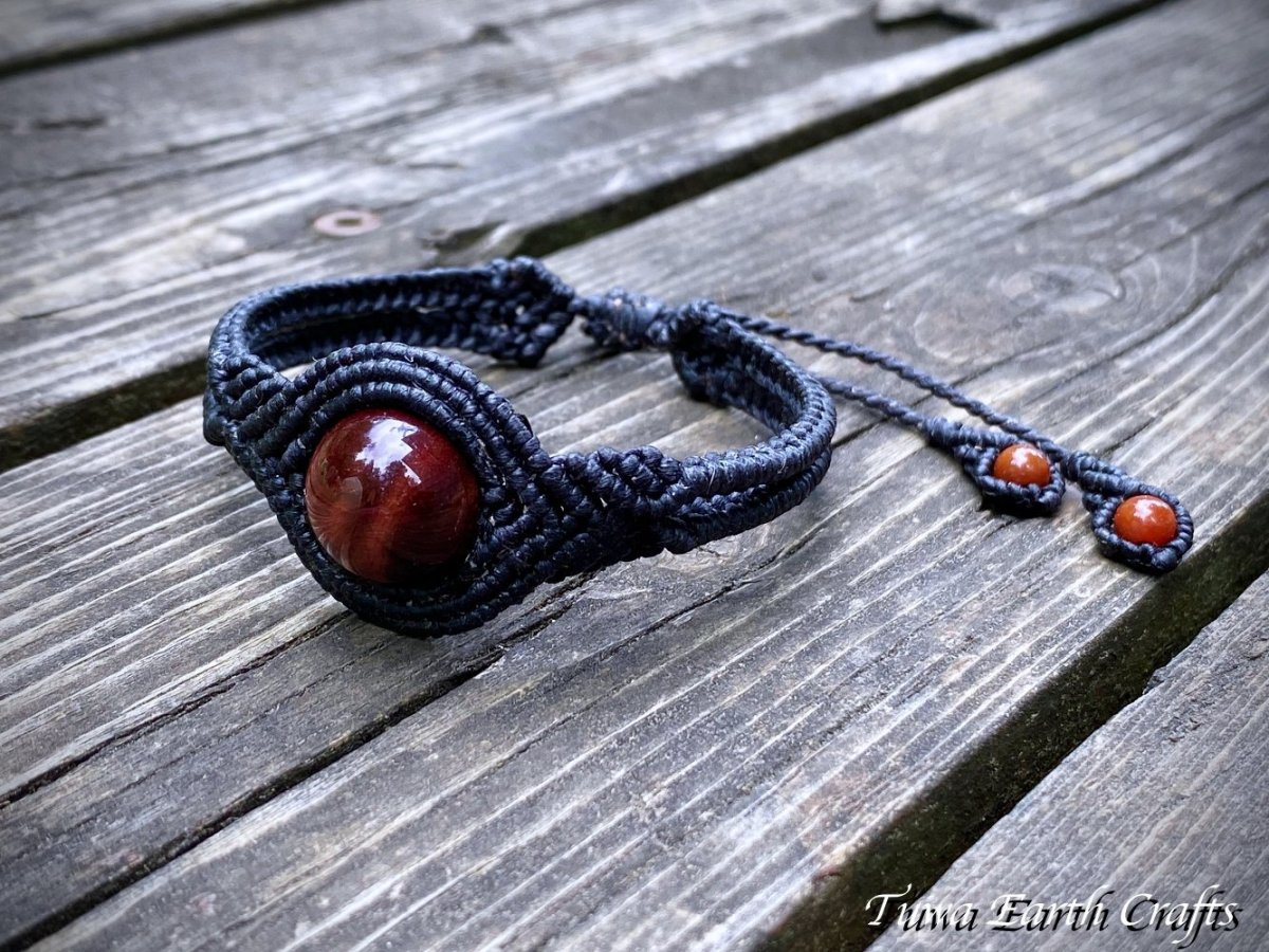 画像6: 【自己実現・開運・金運アップ】高品質 大粒レッドタイガーアイ ブレスレット バングル with カーネリアン*1点もの マクラメ編み ハンドメイド*天然石パワーストーンお守りアクセサリー　 (6)