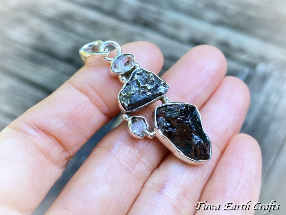 画像6: 【浄化・グラウンディング・自然治癒力アップ】高品質ハーキマー ダイヤモンド＆エリートシュンガイト（ノーブルシュンガイト）＆カンポデルシエロ隕石 ペンダントトップ　レアストーン希少石 1点ものパワーストーン天然石ヒーリングジュエリーお守りアクセサリー (6)