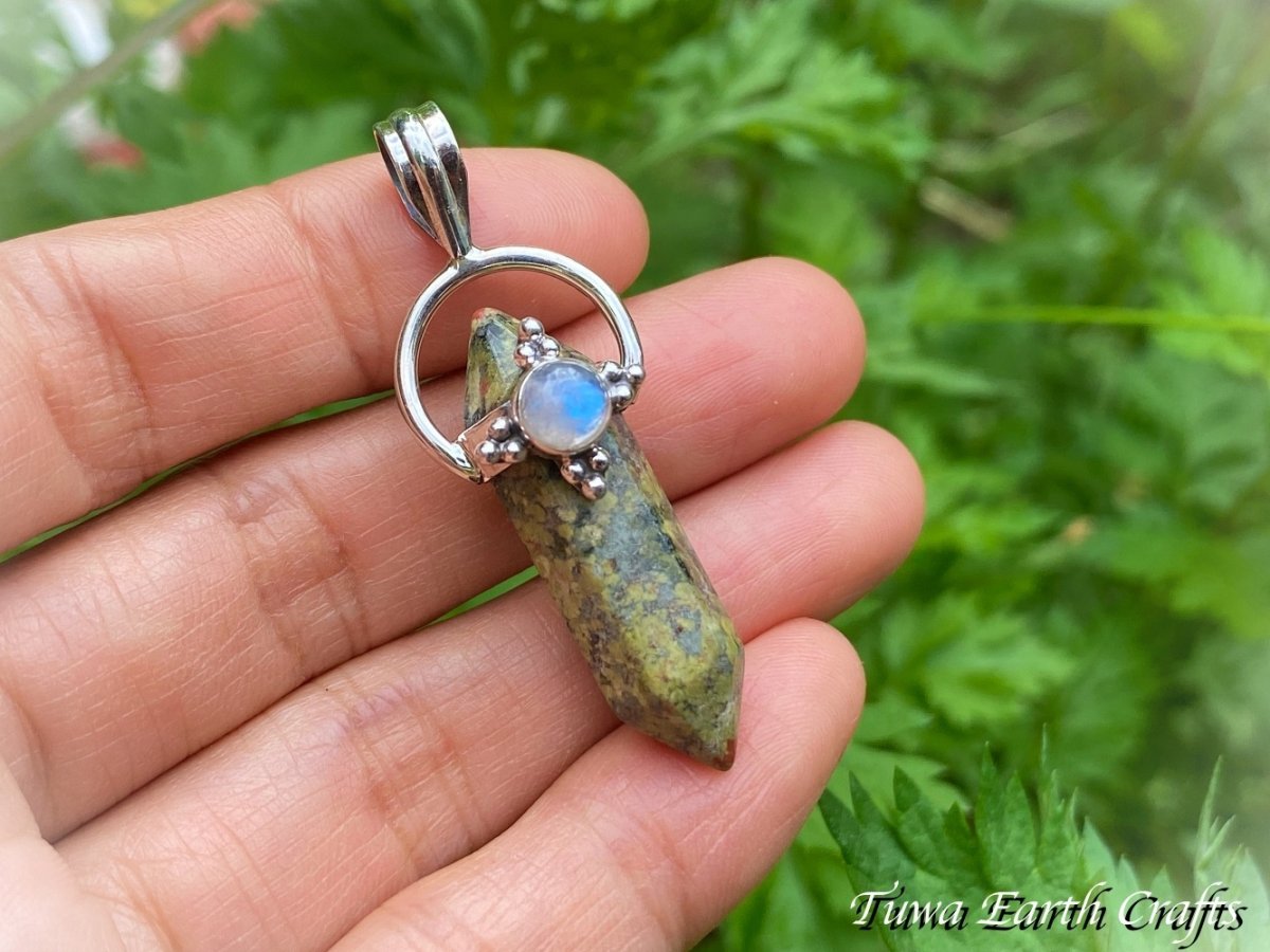 画像4: 高品質ユナカイト ペンダントトップ with ブルームーンストーン*両剣ポイント 1点ものヒーリングジュエリー 天然石パワーストーンアクセサリー スピリチュアル ジュエリー ワンド【リラックス・トラウマ除去・癒し効果】 (4)