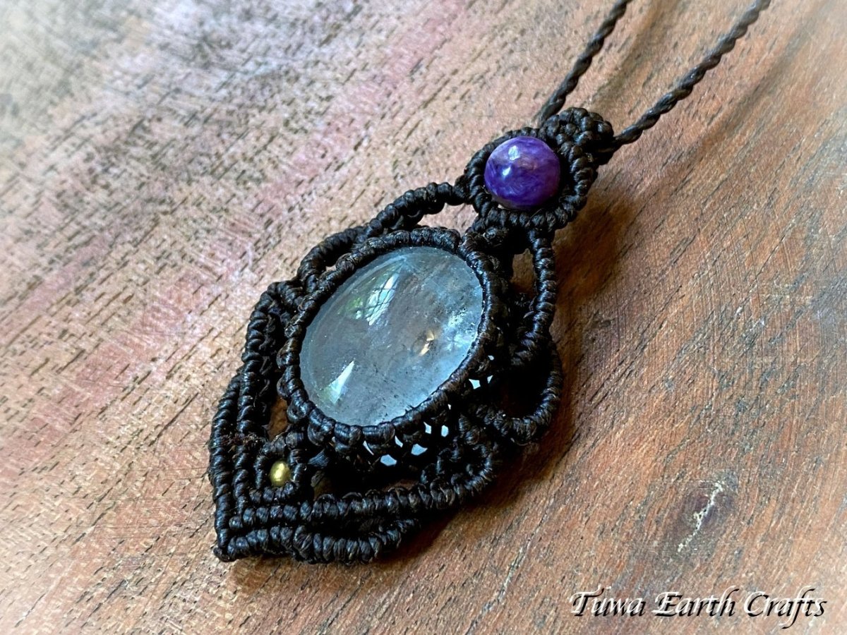 画像13: 【表現力アップ・護身】高品質 天然アクアマリン ペンダント ネックレス with チャロアイト 1点物*マクラメ編みアクセサリー*天然石パワーストーン*3月誕生石 ハンドメイドジュエリー 災難除け 家庭円満 お守り  (13)