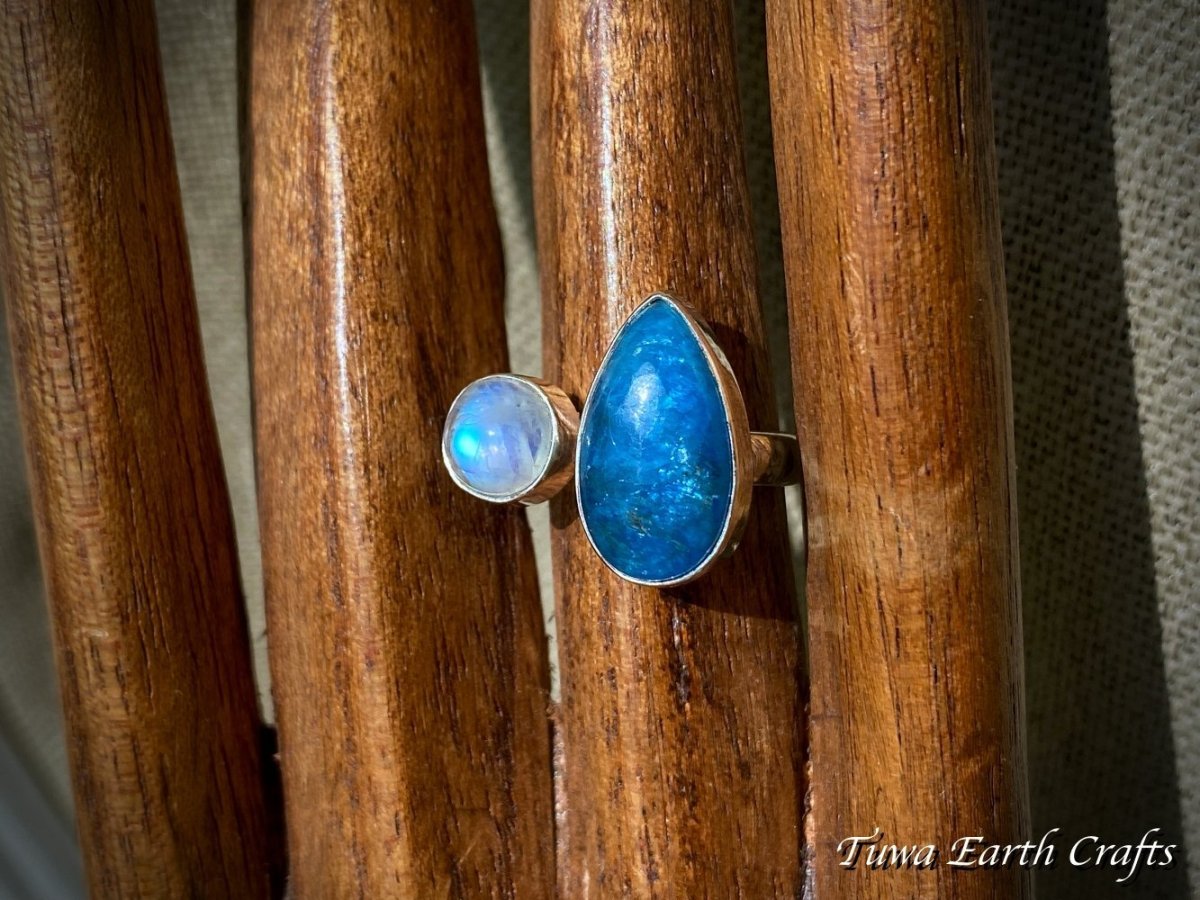 画像19: 1点物 大ぶり 高品質ブルーアパタイト＆レインボームーンストーン 指輪 リング 12号 13号  14号  ヒーリング天然石パワーストーンアクセサリー　スピリチュアルジュエリー サイズ調節可能 オープンリング (19)