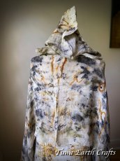 画像18: フード付き 薬草・草木染めエコプリント x ふわふわメキシココットン 大判ショール 手染めボタニカルダイ 押し花染め ナチュラルファッション＊ストール/羽織り/カーディガン*ハンドメイド 天然染料 天然素材 冷房対策 日除け プレゼント ギフト スカーフ  (18)