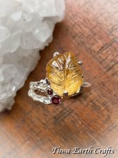 画像4: 【自信・積極性アップ・開運】1点物 高品質シトリン リング with 宝石質ロードライトガーネット 指輪 16号★植物・葉っぱデザイン 商売繁盛・財運・金運アップお守り ハンドメイドジュエリー　パワーストーン天然石ヒーリングストーン お守りアクセサリー　スピリチュアル　11月誕生石 (4)
