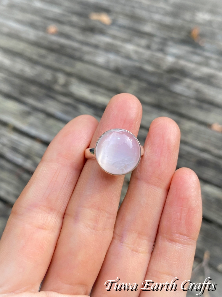 まんまる満月型🌕✨【浄化・夢の実現・決断力アップ】 高品質セレナイト リング 指輪 15号 キャッツアイ効果入り★1点もの パワーストーン お守り 天然石 アクセサリー スピリチュアル
